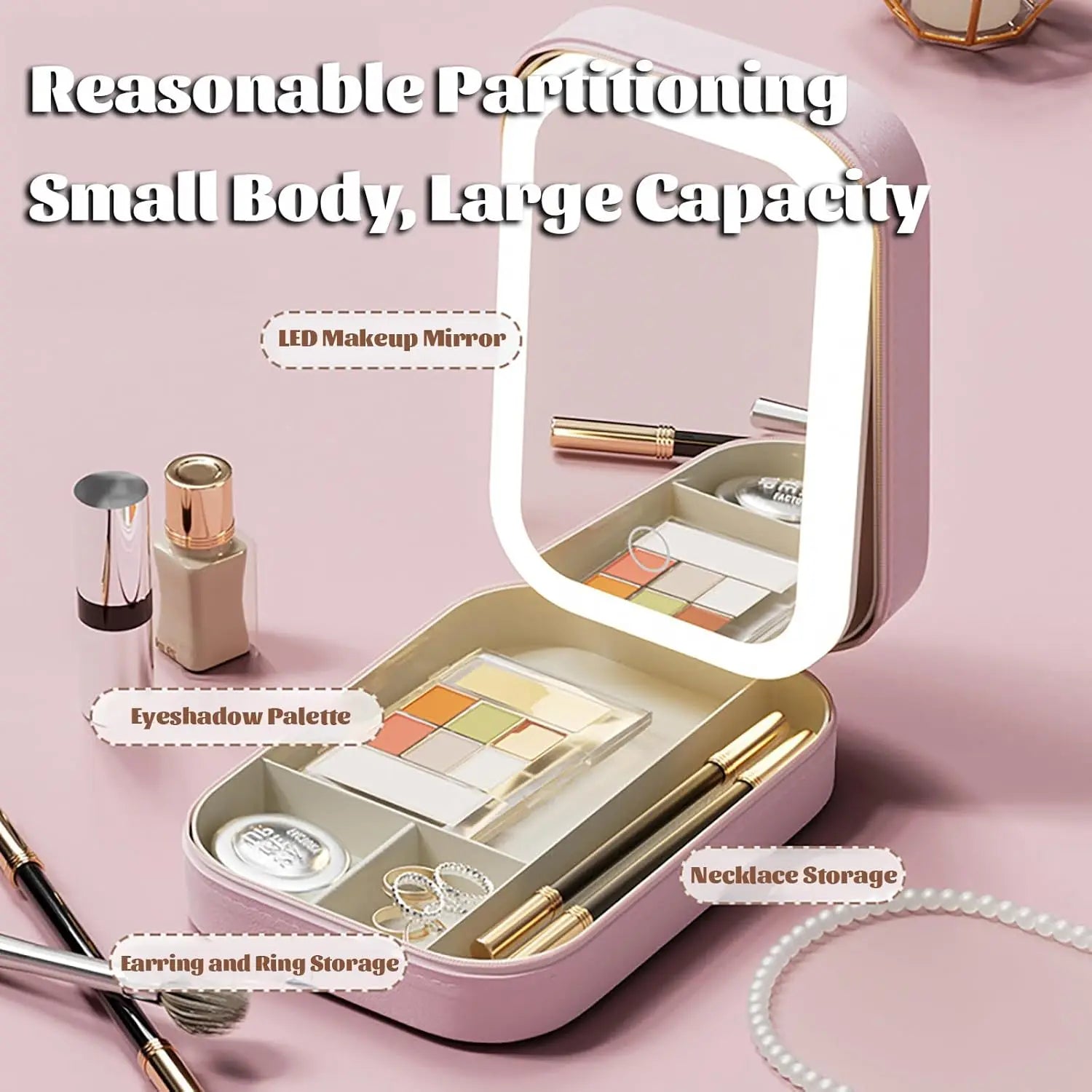 Travel PU Makeup Bag With LED Mirror And Light,Mirror Adjustable Brightness Smart LED Cosmetic Case Portable Gift For Girl Women Main image