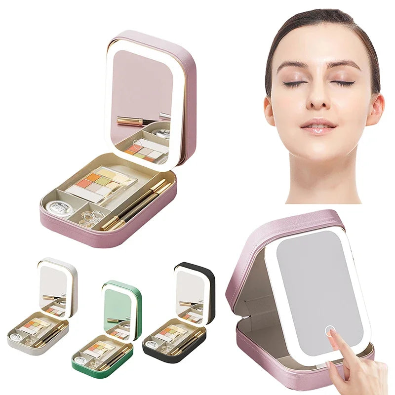 Travel PU Makeup Bag With LED Mirror And Light,Mirror Adjustable Brightness Smart LED Cosmetic Case Portable Gift For Girl Women Secondary image
