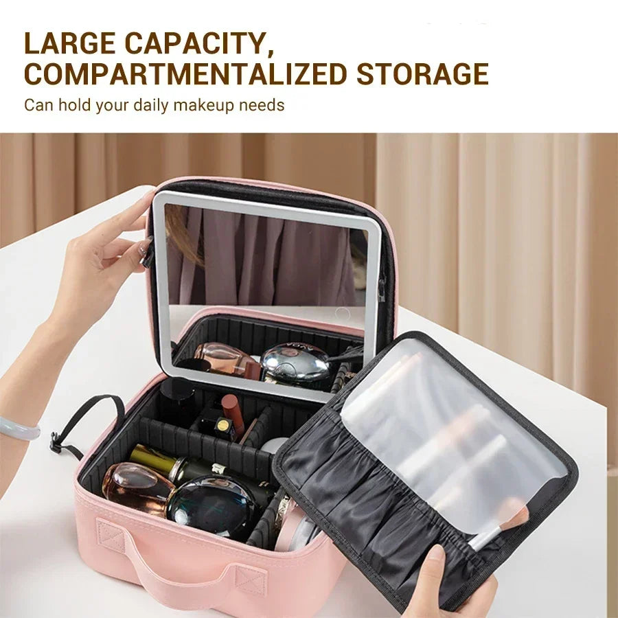 New LED Lighted Cosmetic Case With Mirror PU Leather Portable Travel Makeup Storage Bags Waterproof Travel Makeup Bag Secondary image